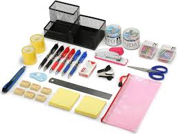 A diverse range of stationery and office accessories, including stylish notebooks, elegant pens, organized desk organizers, colorful sticky notes, and a sleek desk lamp, neatly arranged on a professional desk.