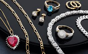 A stunning array of jewelry pieces, including elegant necklaces, sparkling earrings, intricate bracelets, and luxurious rings, displayed on a plush velvet background