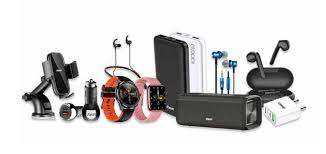 A modern collection of mobile accessories, featuring sleek phone cases, wireless chargers, stylish earbuds, pop sockets, and tempered glass screen protectors on a minimalist surface