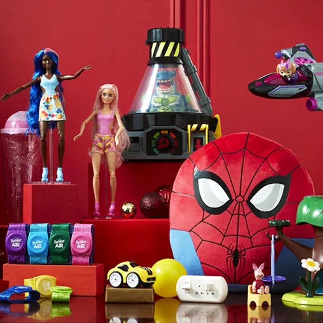 A vibrant assortment of toys, including plush stuffed animals, colorful building blocks, interactive dolls, and playful action figures, arranged on a cheerful playroom floor.
