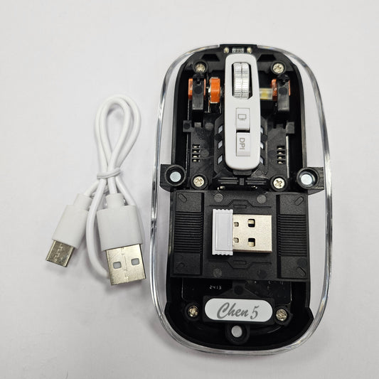 Clear, transparent computer mouse with sleek, minimalist design and ergonomic shape, ideal for modern workspaces.