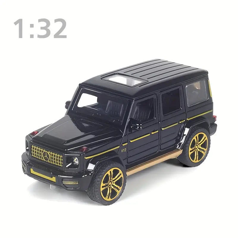 UNDER THE BAUBLES 1:32 scale alloy die-cast car model in black and golden or white finish, with chrome accents, open hood, and detailed interior for luxury display