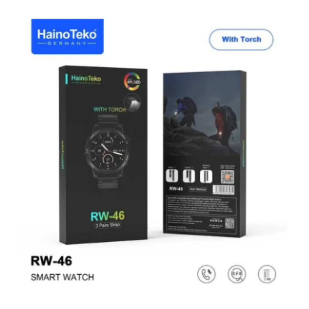 HainoTeko Germany RW-46 Round shape AMOLED Display Smart Watch With Built in Torch 3 Pair Straps and Wireless Charger