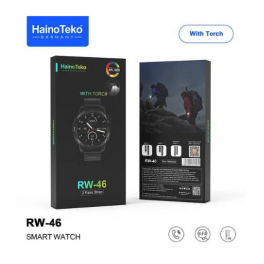 HainoTeko Germany RW-46 Round shape AMOLED Display Smart Watch With Built in Torch 3 Pair Straps and Wireless Charger