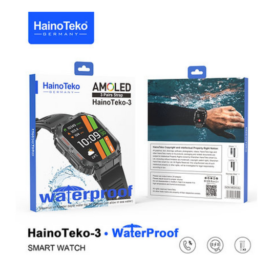HainoTeko-3 AMOLED Display Waterproof Smart Watch With 3 Pair Straps and Charging Cable For Men's