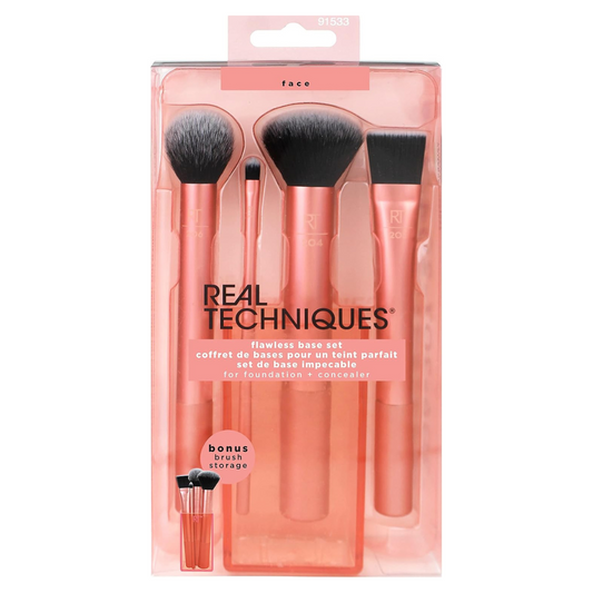 REAL TECHNIQUES Flawless Base Brush Set With Ultra Plush Custom Cut Synthetic Bristles and Extended Aluminum Ferrules to Build Coverage.
