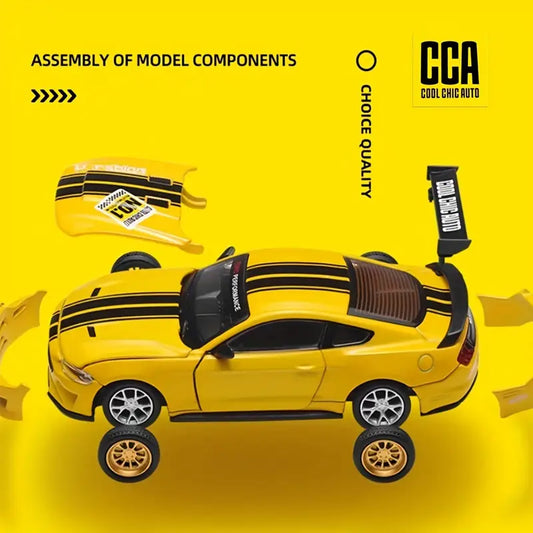 1:42 scale yellow Ford Mustang GT 2018 classic car model with opening doors and replaceable accessories.