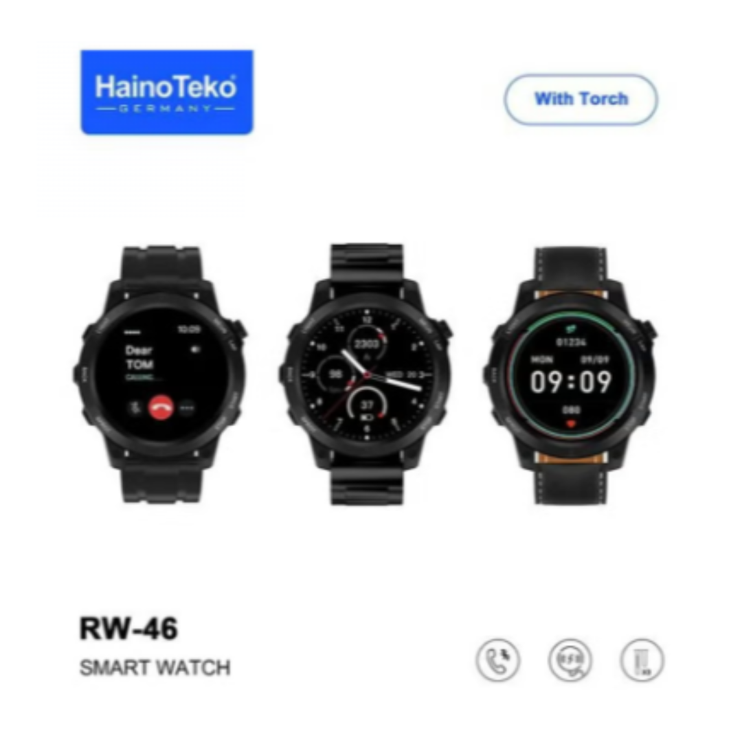 HainoTeko Germany RW-46 Round shape AMOLED Display Smart Watch With Built in Torch 3 Pair Straps and Wireless Charger