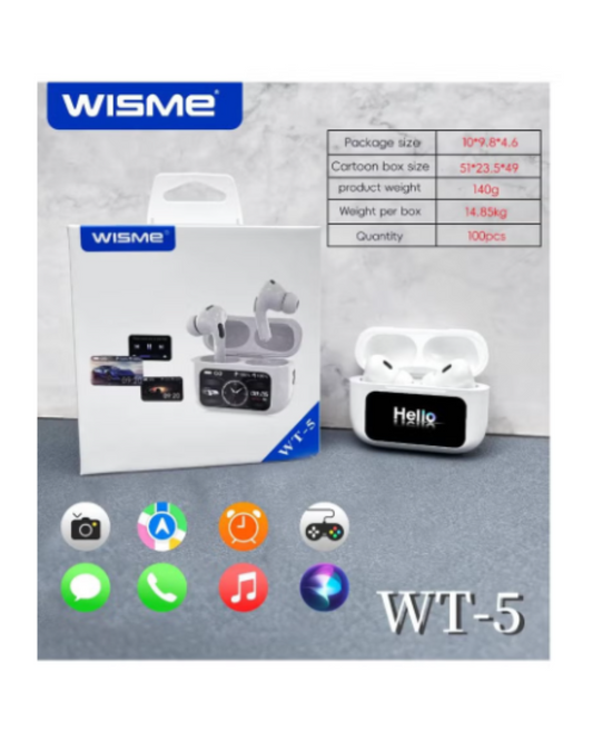 Wisme WT5 Earbuds featuring touch-sensitive controls, wireless Bluetooth technology, and a sleek AirPods-style design