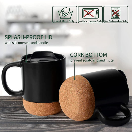 A stylish Coffee Cork Mug with an anti-spill design, featuring a cork exterior and secure lid. The mug is displayed with tags like #CoffeeLovers, #AntiSpillMug, #EcoFriendly, and #MorningBrew, highlighting its practical features and modern design.
