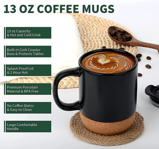 A stylish Coffee Cork Mug with an anti-spill design, featuring a cork exterior and secure lid. The mug is displayed with tags like #CoffeeLovers, #AntiSpillMug, #EcoFriendly, and #MorningBrew, highlighting its practical features and modern design.