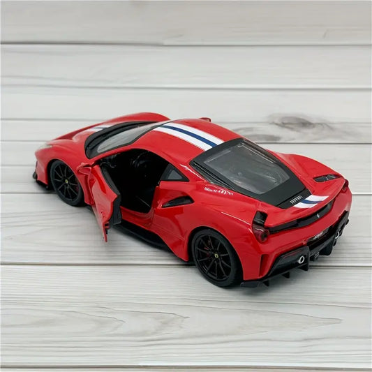 1:24 scale Ferrari 488 Pista diecast car model in red and blue alloy with black wheels, luxury collectible sports car.