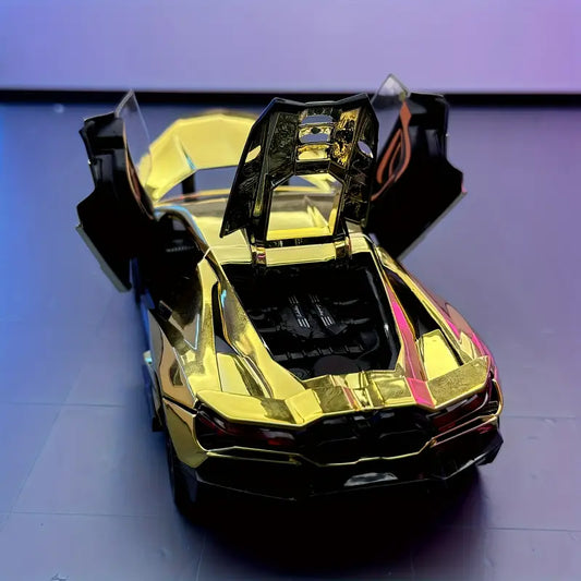 1:24 scale alloy sports car model with glossy golden finish, open hood, and aerodynamic luxury design for collectors and home office décor.