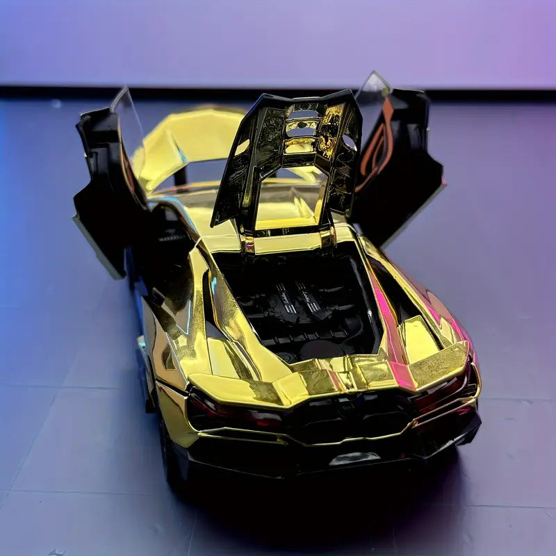 1:24 scale alloy sports car model with glossy golden finish, open hood, and aerodynamic luxury design for collectors and home office décor.