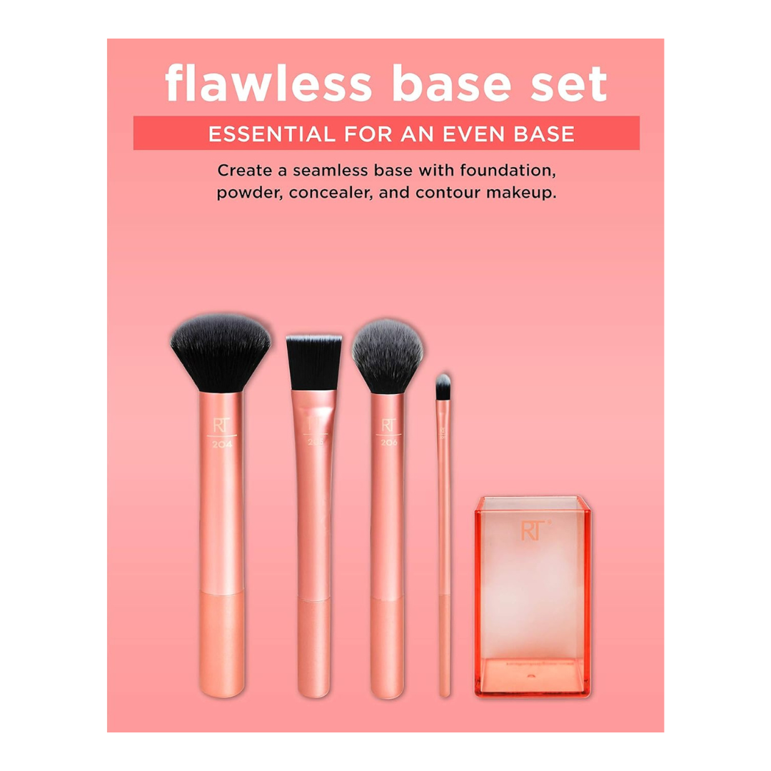 REAL TECHNIQUES Flawless Base Brush Set With Ultra Plush Custom Cut Synthetic Bristles and Extended Aluminum Ferrules to Build Coverage.