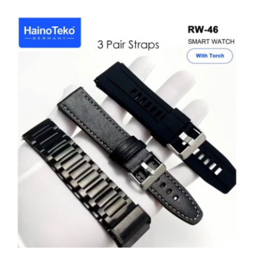 HainoTeko Germany RW-46 Round shape AMOLED Display Smart Watch With Built in Torch 3 Pair Straps and Wireless Charger