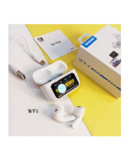 Wisme WT5 Earbuds featuring touch-sensitive controls, wireless Bluetooth technology, and a sleek AirPods-style design