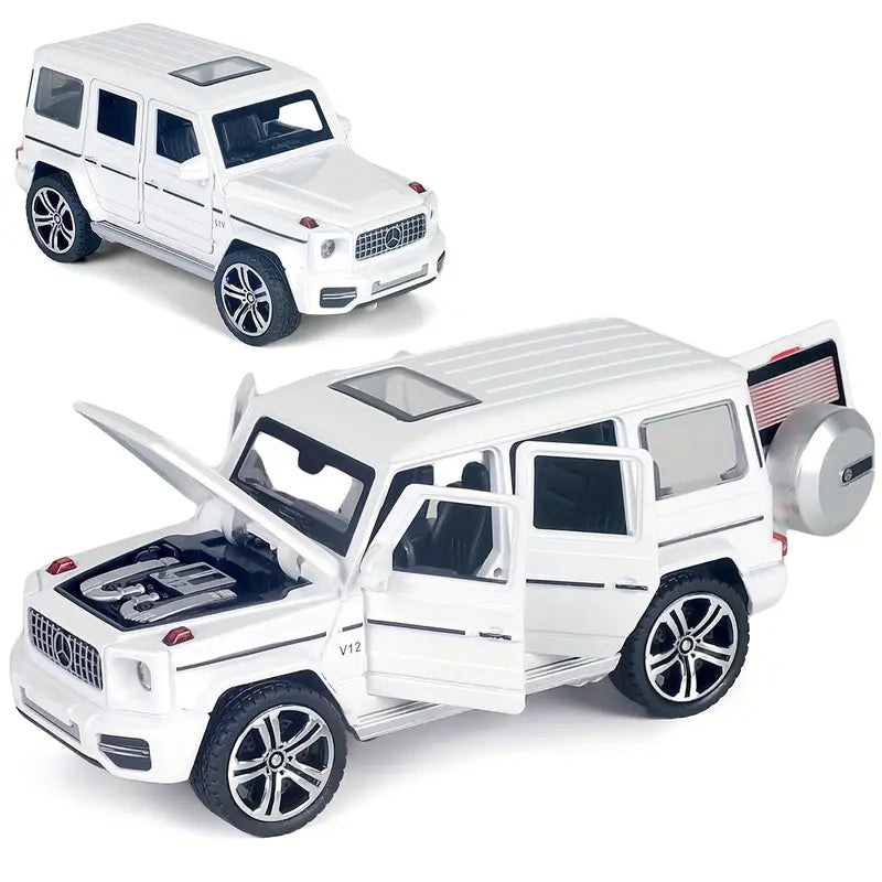 UNDER THE BAUBLES 1:32 scale alloy die-cast car model in black and golden or white finish, with chrome accents, open hood, and detailed interior for luxury display