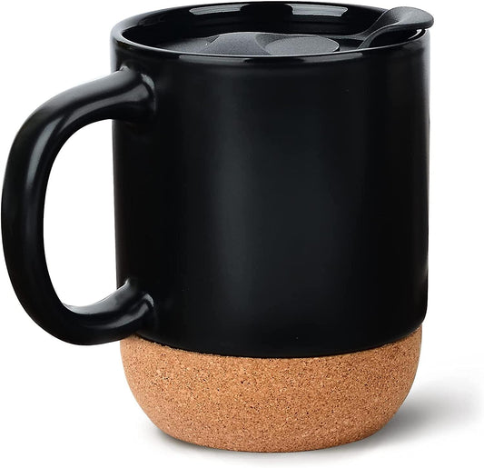 A stylish Coffee Cork Mug with an anti-spill design, featuring a cork exterior and secure lid. The mug is displayed with tags like #CoffeeLovers, #AntiSpillMug, #EcoFriendly, and #MorningBrew, highlighting its practical features and modern design.