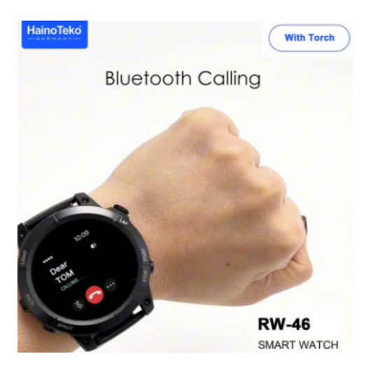 HainoTeko Germany RW-46 Round shape AMOLED Display Smart Watch With Built in Torch 3 Pair Straps and Wireless Charger