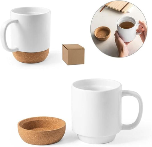 A stylish Coffee Cork Mug with an anti-spill design, featuring a cork exterior and secure lid. The mug is displayed with tags like #CoffeeLovers, #AntiSpillMug, #EcoFriendly, and #MorningBrew, highlighting its practical features and modern design.