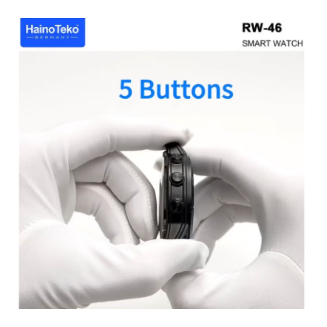 HainoTeko Germany RW-46 Round shape AMOLED Display Smart Watch With Built in Torch 3 Pair Straps and Wireless Charger