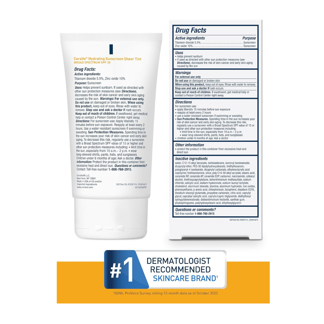 CeraVe Tinted Sunscreen with SPF 30 | Hydrating Mineral Sunscreen