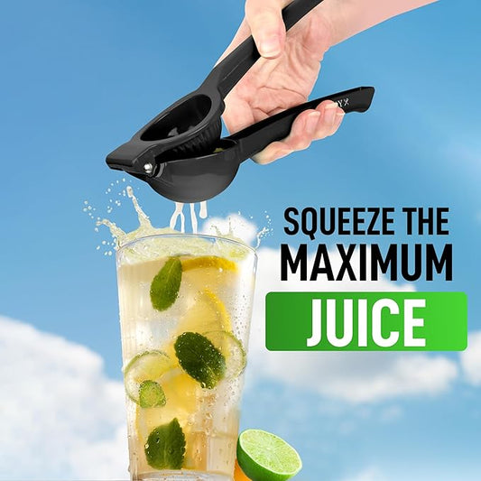 Stainless steel lime press with ergonomic handles" "Handheld lime squeezer with citrus halves" "Close-up of lime press extracting fresh juice" "Citrus press tool with lime ready for squeezing" "Easy-to-use lime press in a modern kitchen setting