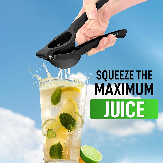 Stainless steel lime press with ergonomic handles" "Handheld lime squeezer with citrus halves" "Close-up of lime press extracting fresh juice" "Citrus press tool with lime ready for squeezing" "Easy-to-use lime press in a modern kitchen setting