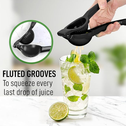 Stainless steel lime press with ergonomic handles" "Handheld lime squeezer with citrus halves" "Close-up of lime press extracting fresh juice" "Citrus press tool with lime ready for squeezing" "Easy-to-use lime press in a modern kitchen setting