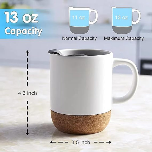 A stylish Coffee Cork Mug with an anti-spill design, featuring a cork exterior and secure lid. The mug is displayed with tags like #CoffeeLovers, #AntiSpillMug, #EcoFriendly, and #MorningBrew, highlighting its practical features and modern design.