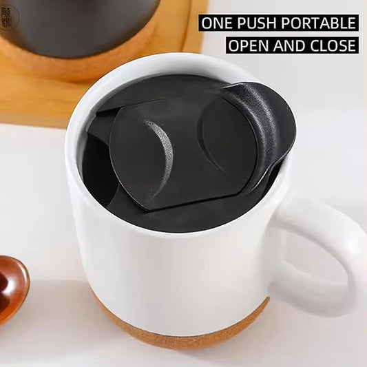 A stylish Coffee Cork Mug with an anti-spill design, featuring a cork exterior and secure lid. The mug is displayed with tags like #CoffeeLovers, #AntiSpillMug, #EcoFriendly, and #MorningBrew, highlighting its practical features and modern design.