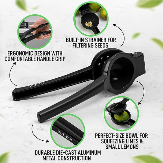 Stainless steel lime press with ergonomic handles" "Handheld lime squeezer with citrus halves" "Close-up of lime press extracting fresh juice" "Citrus press tool with lime ready for squeezing" "Easy-to-use lime press in a modern kitchen setting