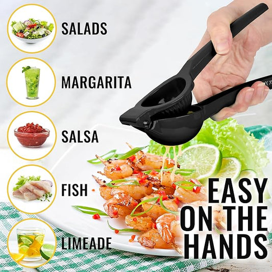 Stainless steel lime press with ergonomic handles" "Handheld lime squeezer with citrus halves" "Close-up of lime press extracting fresh juice" "Citrus press tool with lime ready for squeezing" "Easy-to-use lime press in a modern kitchen setting