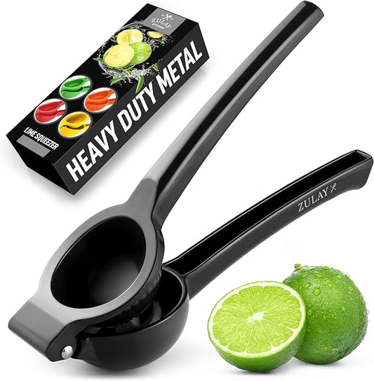 Stainless steel lime press with ergonomic handles" "Handheld lime squeezer with citrus halves" "Close-up of lime press extracting fresh juice" "Citrus press tool with lime ready for squeezing" "Easy-to-use lime press in a modern kitchen setting