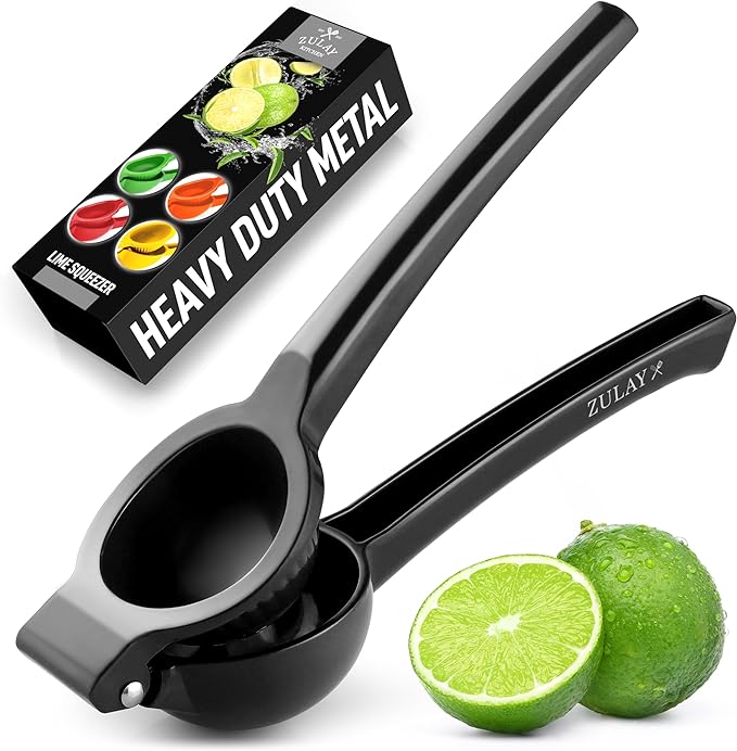 Stainless steel lime press with ergonomic handles" "Handheld lime squeezer with citrus halves" "Close-up of lime press extracting fresh juice" "Citrus press tool with lime ready for squeezing" "Easy-to-use lime press in a modern kitchen setting