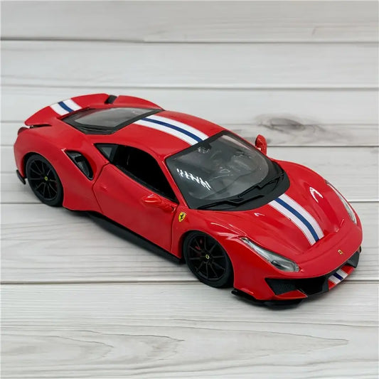 1:24 scale Ferrari 488 Pista diecast car model in red and blue alloy with black wheels, luxury collectible sports car.
