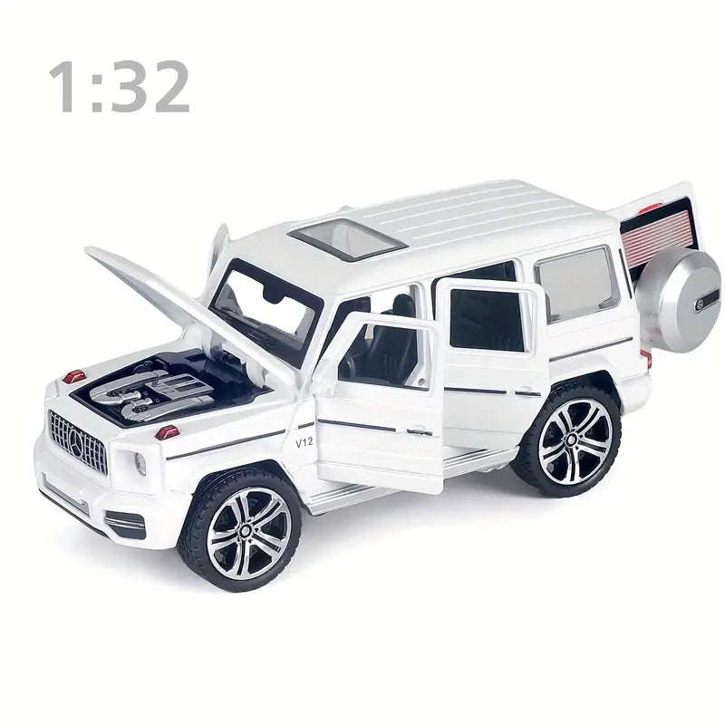 UNDER THE BAUBLES 1:32 scale alloy die-cast car model in black and golden or white finish, with chrome accents, open hood, and detailed interior for luxury display