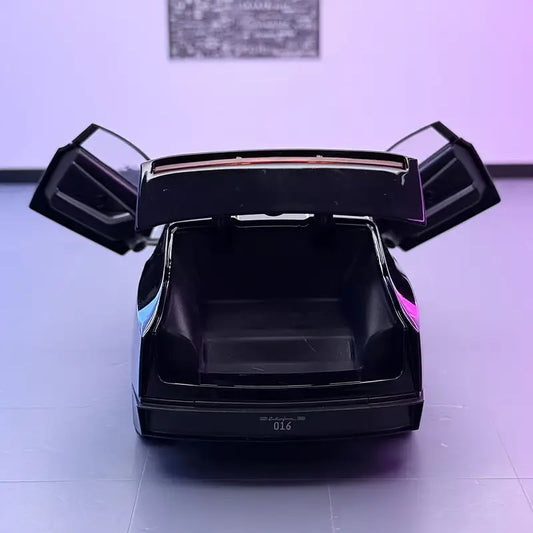 1:32 scale black alloy sports car model with purple accents, featuring detailed interior and exterior, and manual operation.