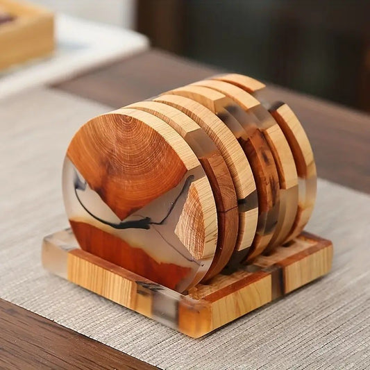 6pcs, Wood And Resin Coasters With Extra Holder, Kung Fu Tea Cup Coaster, Heat Insulated Drink Coaster, Cup Mat, Home Decor, Room Decor, Drinkware