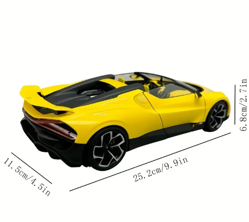 1:18 scale Bugatti Mistral W16 diecast sports car model in black and yellow with alloy body, detailed exterior, and wind-powered push.
