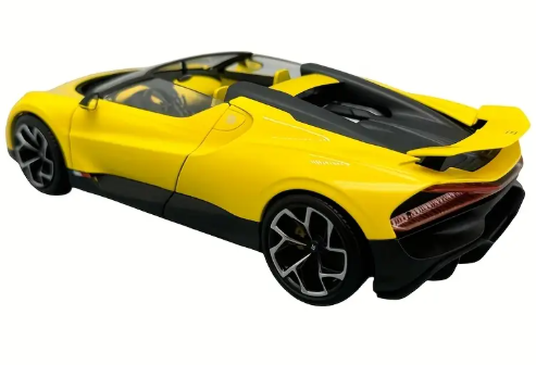 1:18 scale Bugatti Mistral W16 diecast sports car model in black and yellow with alloy body, detailed exterior, and wind-powered push.