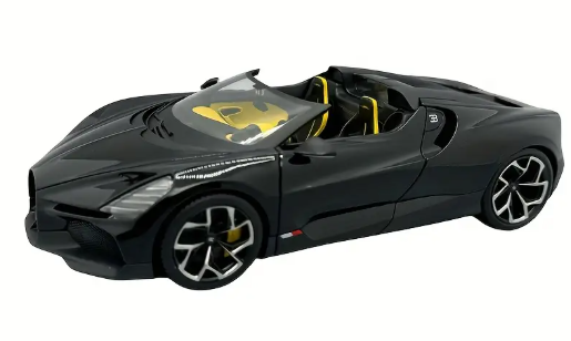1:18 scale Bugatti Mistral W16 diecast sports car model in black and yellow with alloy body, detailed exterior, and wind-powered push.