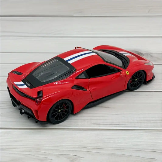 1:24 scale Ferrari 488 Pista diecast car model in red and blue alloy with black wheels, luxury collectible sports car.