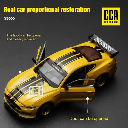 1:42 scale yellow Ford Mustang GT 2018 classic car model with opening doors and replaceable accessories.