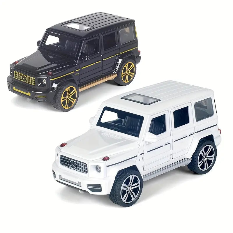 UNDER THE BAUBLES 1:32 scale alloy die-cast car model in black and golden or white finish, with chrome accents, open hood, and detailed interior for luxury display
