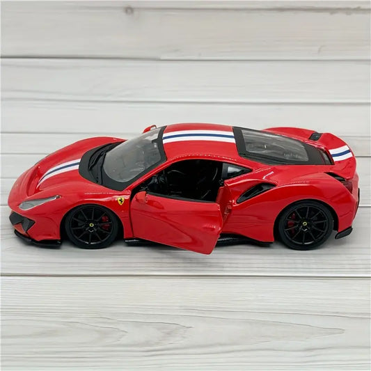 1:24 scale Ferrari 488 Pista diecast car model in red and blue alloy with black wheels, luxury collectible sports car.