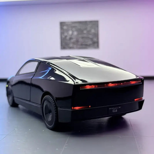1:32 scale black alloy sports car model with purple accents, featuring detailed interior and exterior, and manual operation.