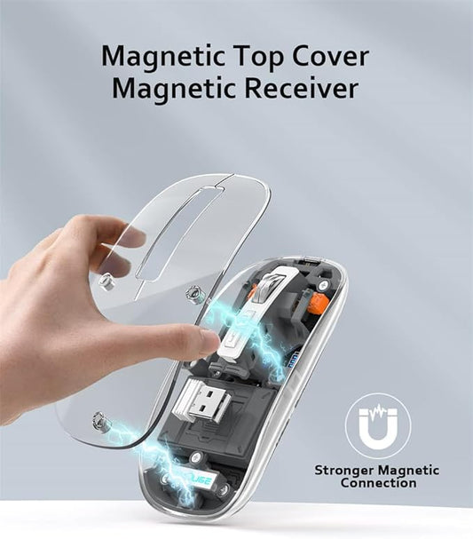 Clear, transparent computer mouse with sleek, minimalist design and ergonomic shape, ideal for modern workspaces.
