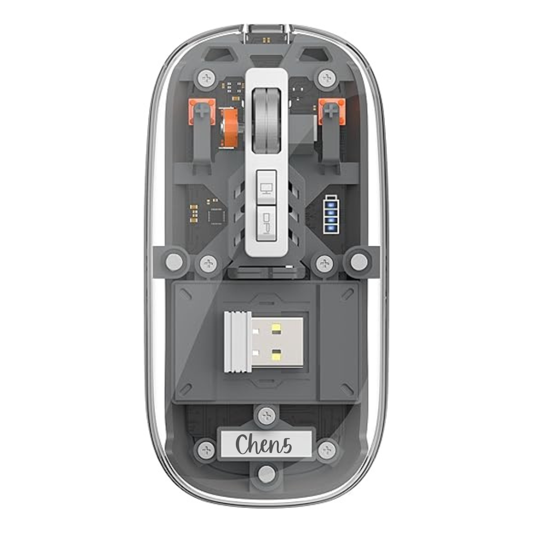 Clear, transparent computer mouse with sleek, minimalist design and ergonomic shape, ideal for modern workspaces.